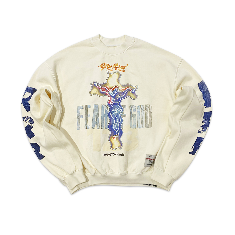 

RRR123 Whole Gospel Cross Fire Jesus Print Fleece Sweatshirts Crew Neck Sweaters No Hooded Heat Transfer Designs For Sweat Shirts Loose Plus Size Man Wommen Hoodies, Beige