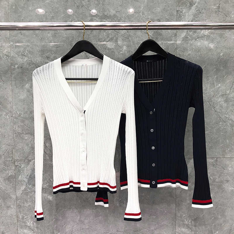 

New Tb Thom Sweater Autunm Winter Womem's Sweaters Fashion Brand Clothing Fine Mesh Rwb Stripe Waist Cardigan Slim Thin Coats, White