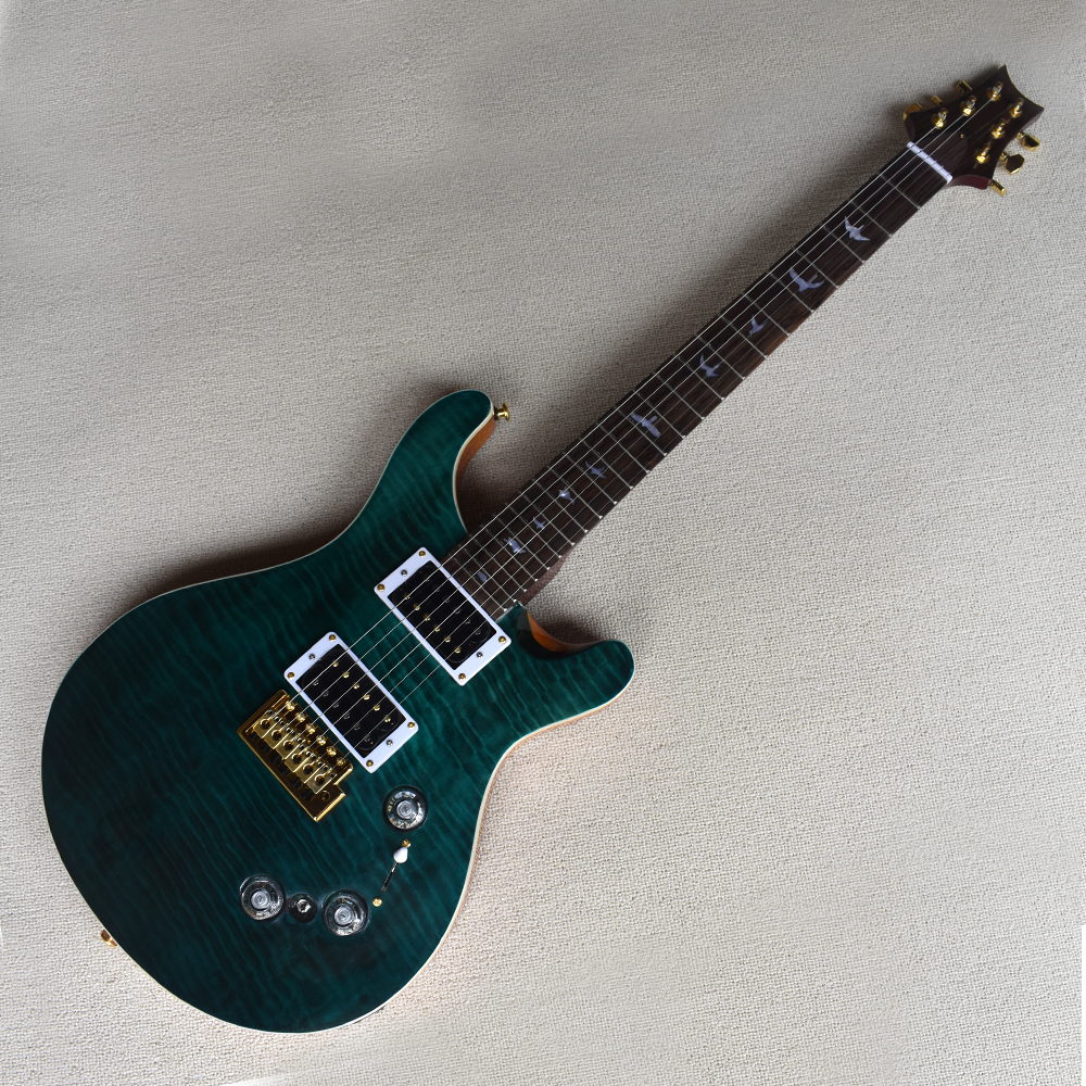 

Factory Custom Dark Green Electric Guitar with Gold Hardware Rosewood Fretboard Flame Maple Veneer Can be Customized