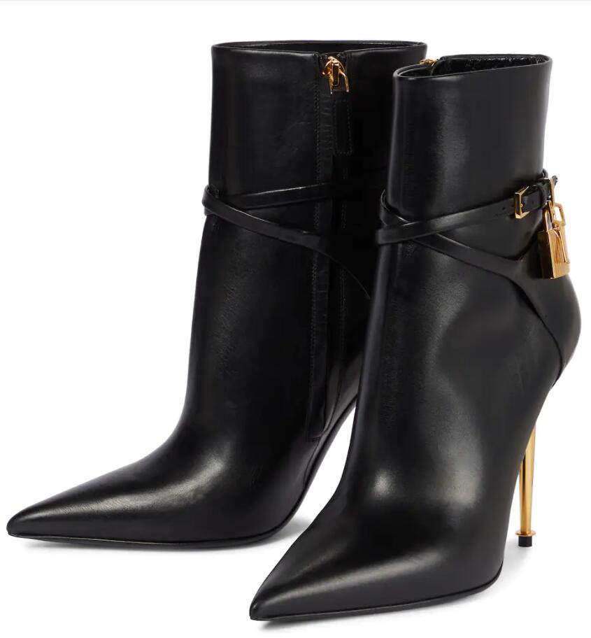 

Women ankle boot winter boots pointy toe and gold heeled Tom-f-boot Padlock leather ankles boots black calf leathers sexy woman dress pump