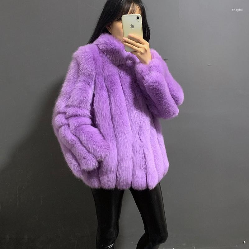 

Women' Fur Women' & Faux Rf20144 Real Coat Vertical Stripes With Stand Collar Purple White