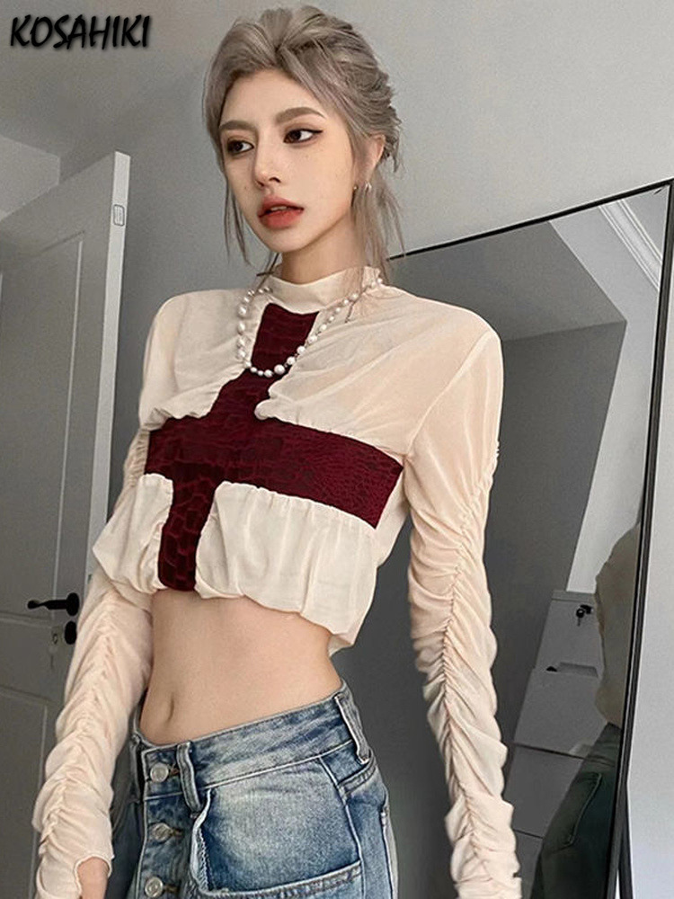 

Women s T Shirt KOSAHIKI Goth Cross Print Long Sleeve Sun Protect Mesh T shirt Female Sexy See Through T Shirts Harajuku Y2k Crop Top Streetwear 220930, As photo
