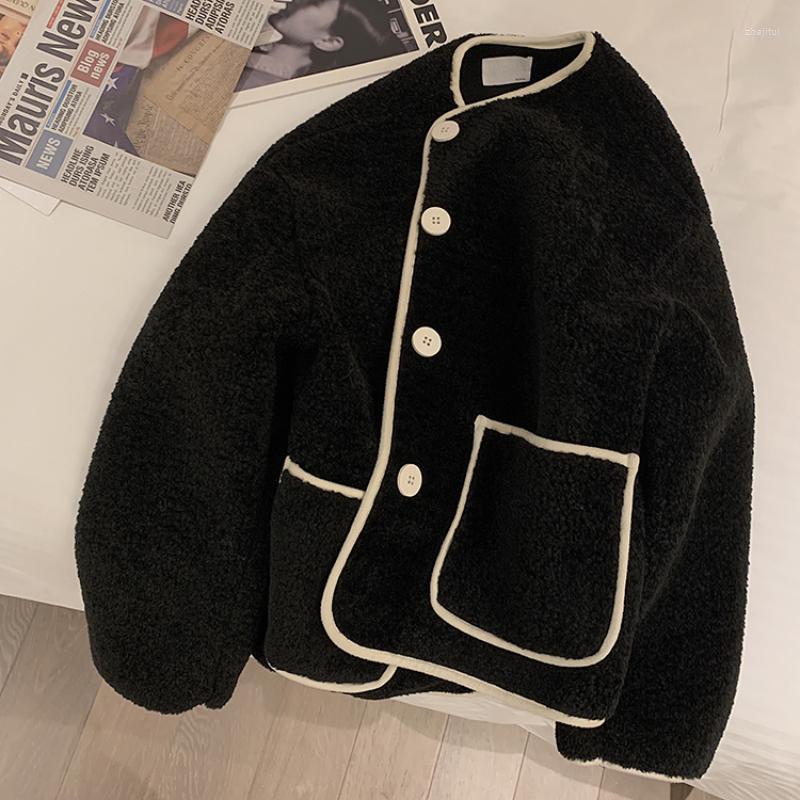 

Women' Fur Women' & Faux Zoki Winter Hairy Wool Jacket Women Warm Elegant Single Breasted O Neck Loose Casual Coats Black Fashion