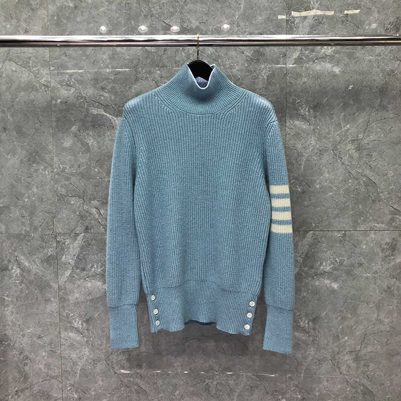 

New Thom Sweater Autunm Winter Male Fashion Brand Clothing Wool 4-bar Stripe Turtleneck Knit Blue Tb Sweaters