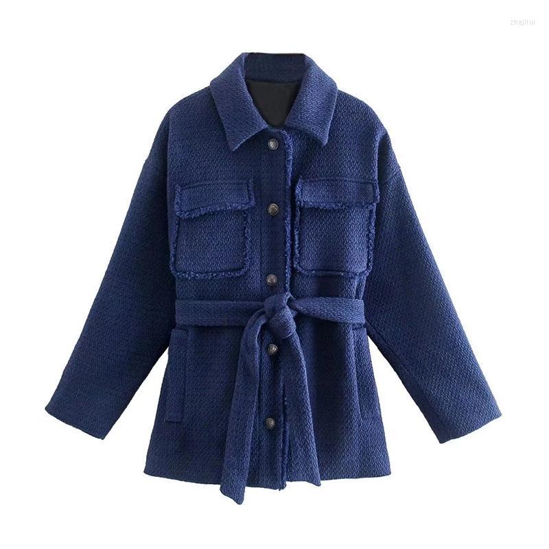 

Women's Jackets Women's Autumn Winter Blue Single Breasted Ladies Casual Shrit Coats With Sashes Pockes Outwear For Female