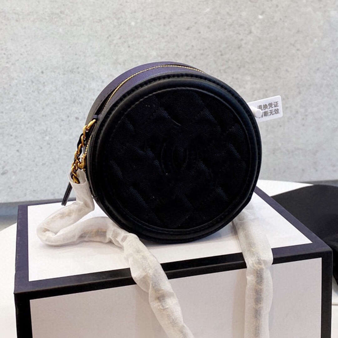 

Bags 21Ss Classic Women Circle Round Vanity Bags Quilted Caviar Leather Calfskin Matelasse Chain Crossbody Bag Top Quality Lady Cosmetic, Pink
