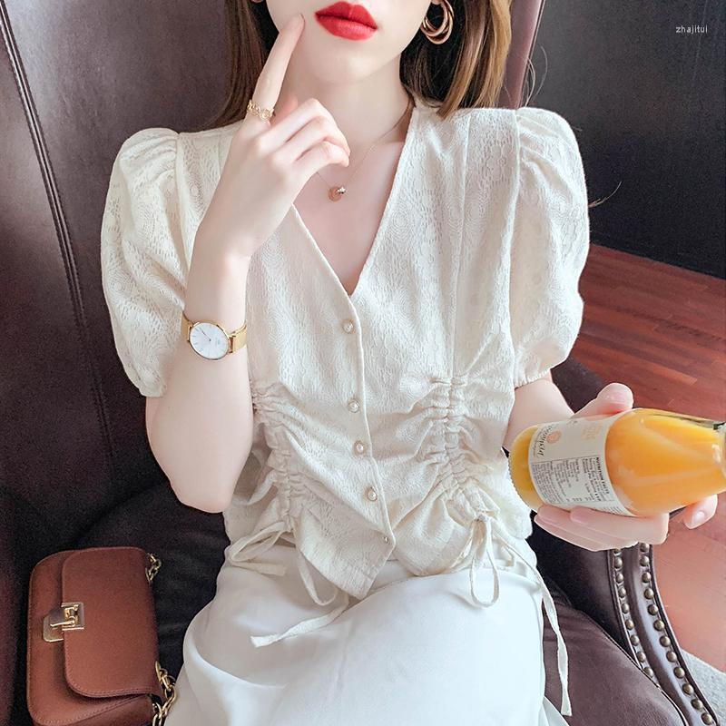 

Women' Blouses Women' & Shirts Slim Slimming V-neck Short Shirt All-match Lace 2022 Summer Style Drawstring Pleated Fashion Women, White