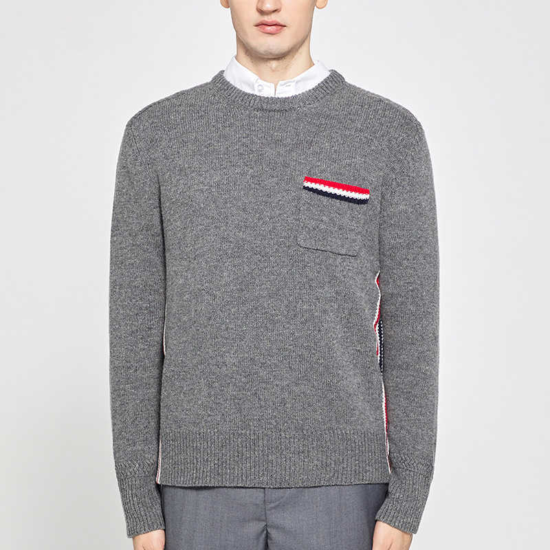 

New Tb Thom Mens 4-stripe Embroidered Wool Cardigan Grey Oversized V-neck Sweater with Pocket Men Clothing for Korean, Blue
