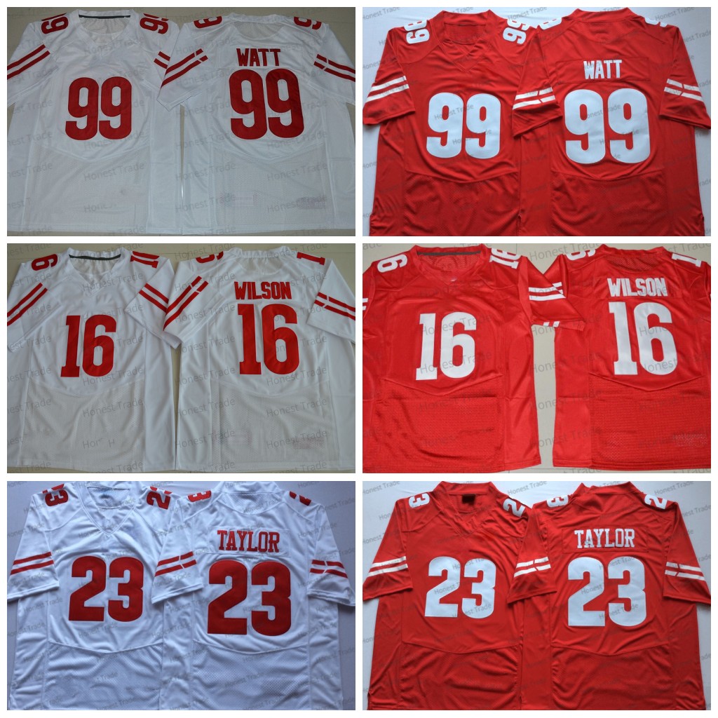 

NCAA Wisconsin Football Jersey 99 J.J Watt 23 Jonathan Taylor 16 Russell Wilson White Tank Bigsby Bo Nix Jackson Navy College Mens Throwback Jerseys, Men jersey