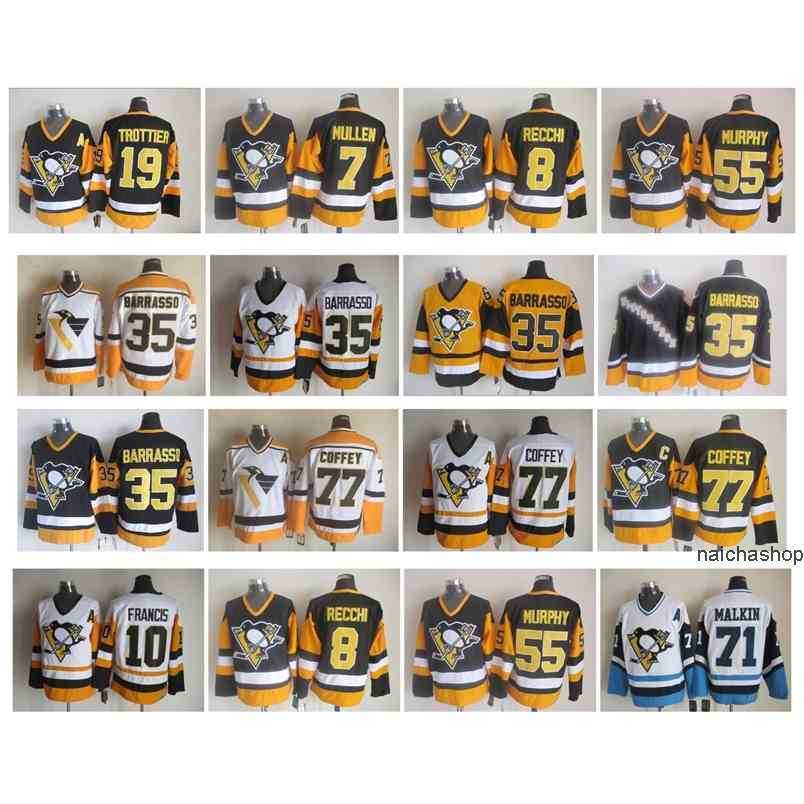 

95 Vintage Pittsburgh Penguins Jersey 35 Tom Barrasso 7 Joe Mullen 8 Mark Recchi Ron Francis Bryan Trottier Paul Coffey Larry Murphy CCM nhl's Jerseys, As pic