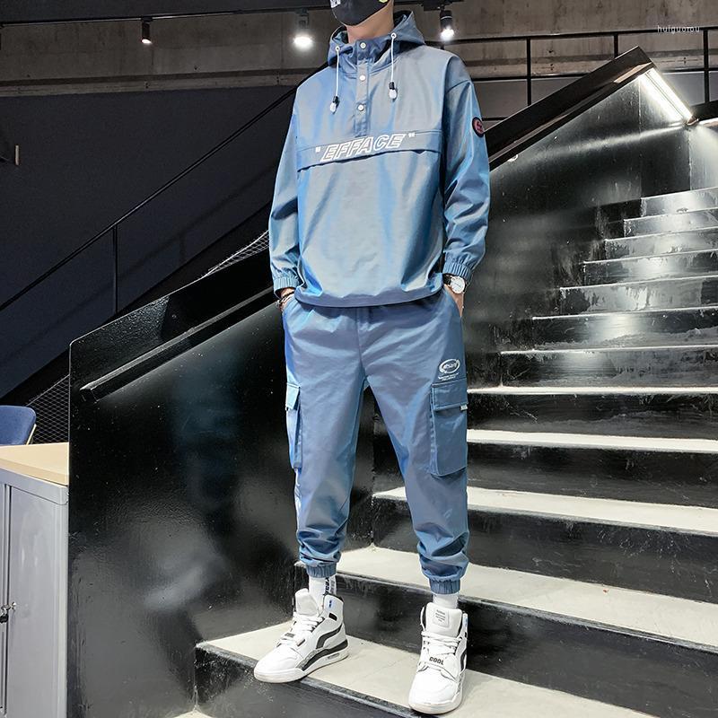 

Men's Tracksuits Men's Autumn And Winter Suit Two-piece Casual Wear Bright Night Reflective Jacket With Hood Outdoor Sports, Blue