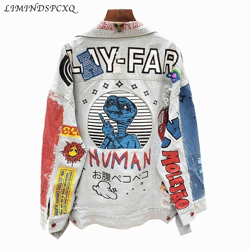 

Women's Jackets Spring And Autumn Punk Style Graffiti Printing Denim Jacket Women Hip Hop Jean Coats Letters Kurtka Jeansowa Damska 220930, Light blue