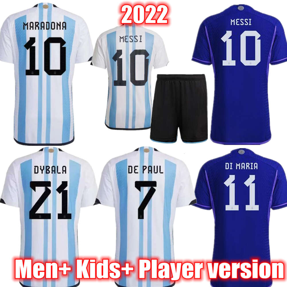 

2022 Argentina Soccer Jerseys MARADONA DYBALA Fan Player version Football Jerseys 22 23 DI MARIA DE PAUL men kids kit uniform Up to 4XL, 22-23 away player version