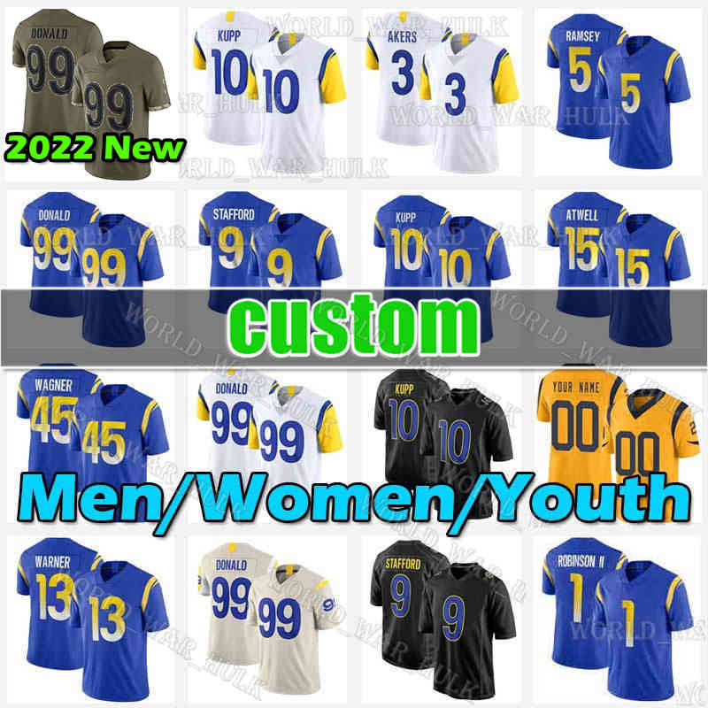 

Cooper Kupp Football Jersey 5 Jalen Ramsey Matthew Stafford Aaron Donald Cam Akers Bobby Wagner Marshall Faulk Los Angeles Rams Tyler Higbee Van Jefferson Matt Gay, Custom men jersey(g y)