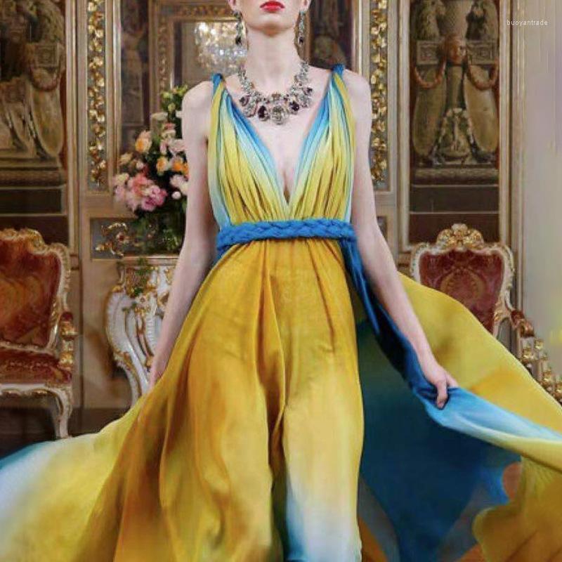 

Casual Dresses Spaghetti Strap V Neck Spring Bohemian Sleeveless Chiffon Belts A Line Floor To Length Women Boho Long Maxi Dress 2022, Picture