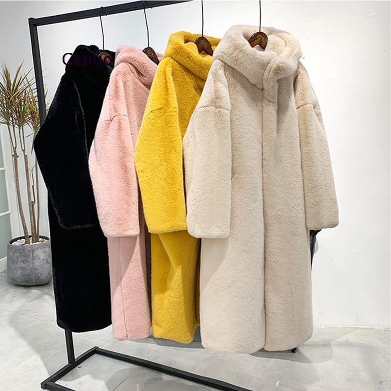 

Women's Fur Women's & Faux Female Winter Coat Thick Warm Flocking Women Luxury Long Jacket Hooded Plus Size Parka Plush Coats, Black