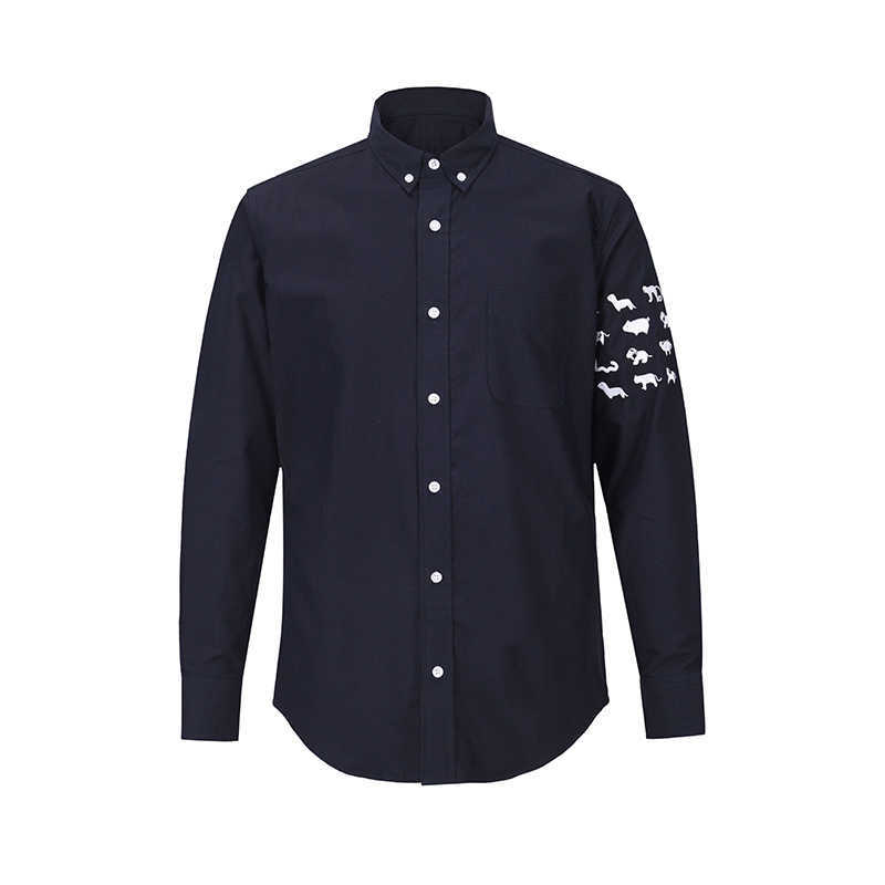 

New Tb Thom Shirt Top Women Animals Embroidery Clothing Poplin Slim Casual Long Sleeve Korean Fashion Woman Blouses 2022, Navy blue