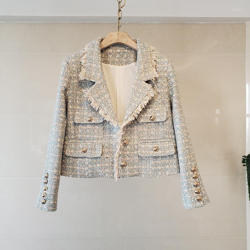 

Women' Jackets Women' Notched Collar Elegant Tweed Coat Women Tassel Woolen Cardigans Luxury Golden Buttons Plaid Outwear Vintage, Blue