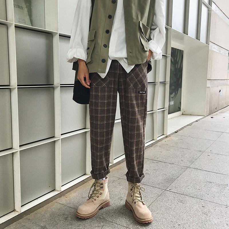 

Men' Pants Men' 2022 Japanese Retro Autumn And Winter Thick Woolen Plaid Fashion Casual Trousers Loose Male Trend Black / Brown -XL