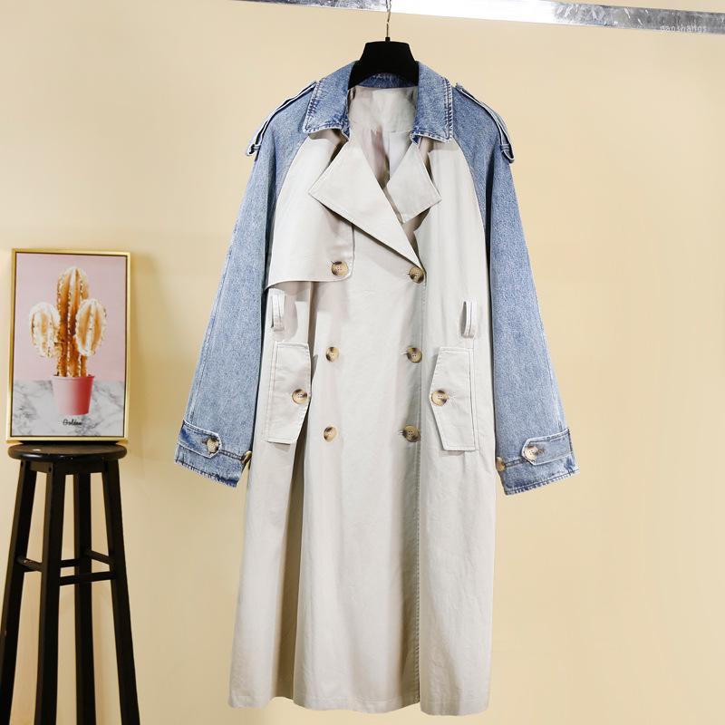 

Women's Trench Coats Autumn And Winter Women's Patchwork Denim Ladies Long Sleeve Windbreaker Loose Plus Size Lapel Jacket, Khaki