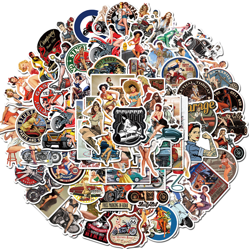 

100PCS Sexy Pinup Girl Stickers Retro Motorcycle Girl for Adults Waterproof Vintage Sticker, Multi colors