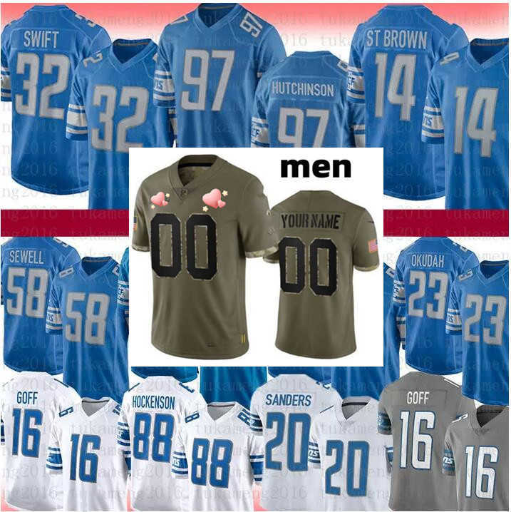 

Football Jersey Detroit''Lions''97 Aidan Hutchinson 14 Amon-Ra St. Brown 20 Barry Sanders 16 Jared Goff 32 D'Andre Swift 44 Malcolm Rodriguez 1 Jeff Okudah, Color
