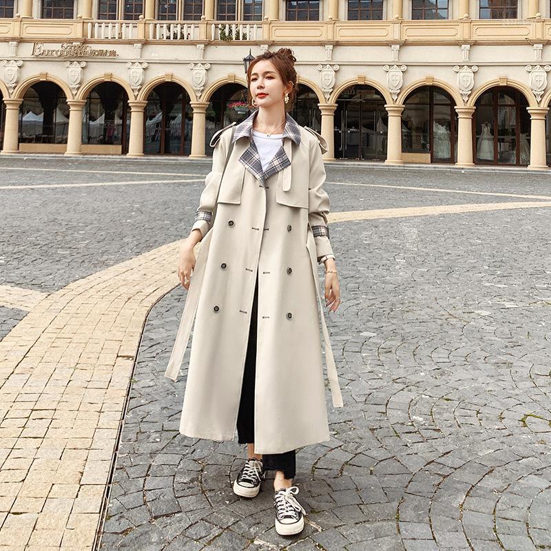 

Women' Trench Coats Women' Windbreaker Long Spring Autumn2022 Korean Loose Lattice Color Matching Lapel Lining Double Breasted, Photo color