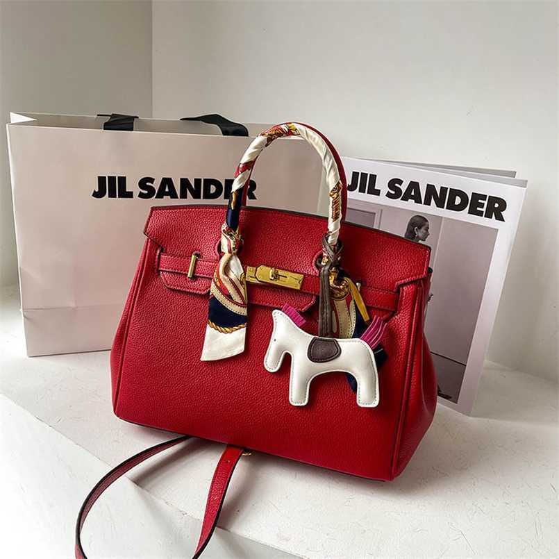 

Designer Leather Bags Herme Birkins Cowhide bag 2022 new fashion bride large capacity temperament women's high sense bill of lading shoulder, Pearl gray gift silk scarf pony
