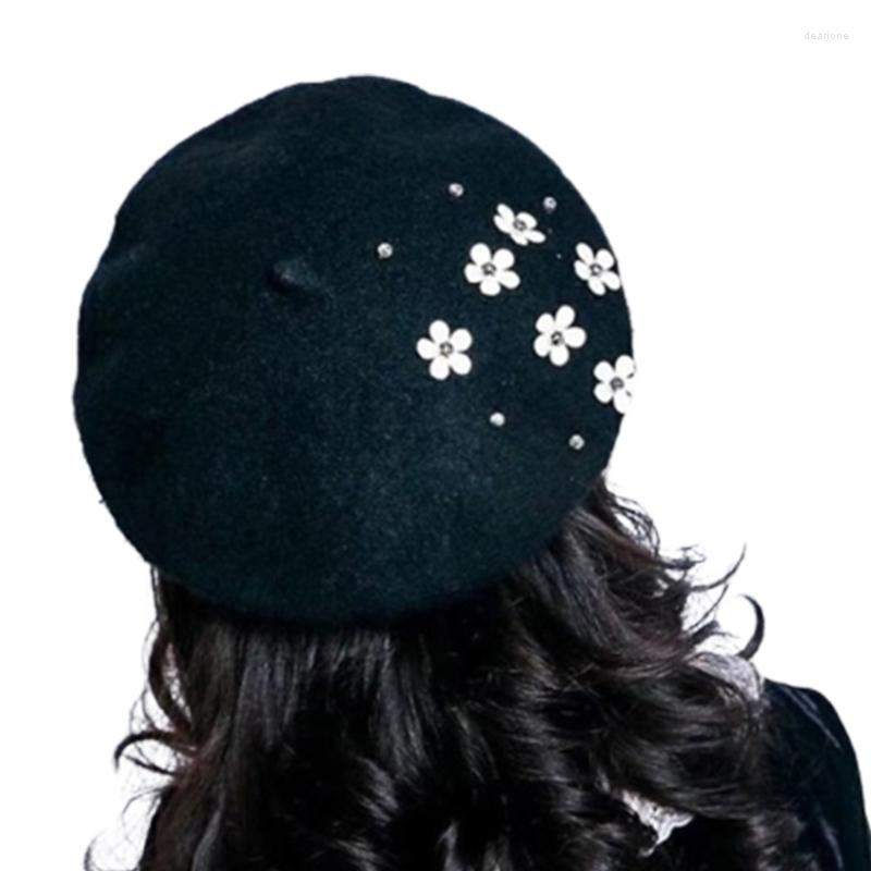 

Hats Fashion Painter Hat Sweet Pearl Flower Beret Beanie Wool Wild For Xmas, Beige