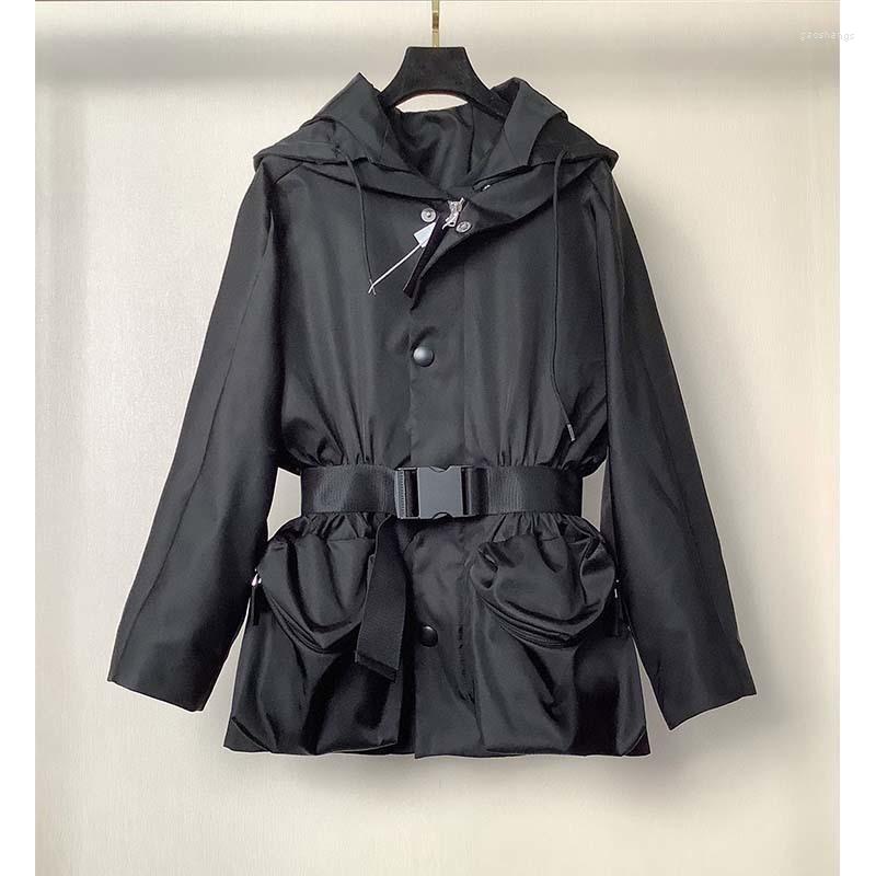 

Women' Trench Coats 2022 Short Coat For Women Hooded Big Pockets Leisure Waterproof Trendy Vintage Windbreaker Waist Fitted Women, Black trench