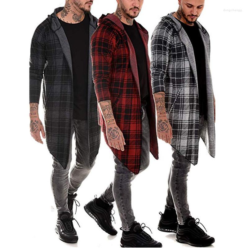 

Men's Trench Coats Long Coat Men Gothic Cardigan Slim Cloak Hooded Knitted Plaid Jacket Fashion Steampunk, Red