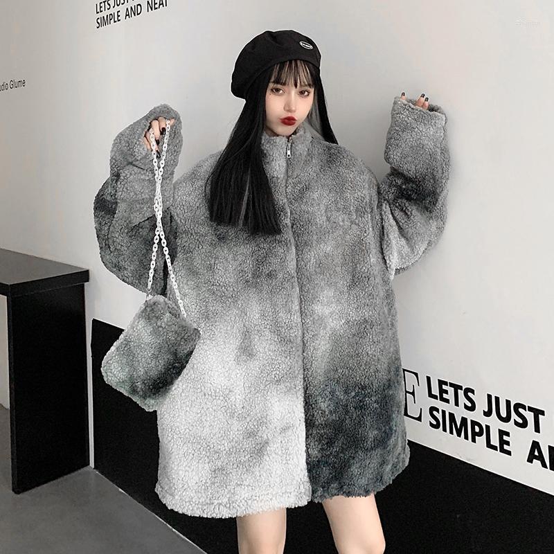 

Women's Fur Women's & Faux Lucyever Winter Coat Jacket Women 2022 Korean Harajuku Gray Tie Dye Coats Woman Stand Collar Loose Thick