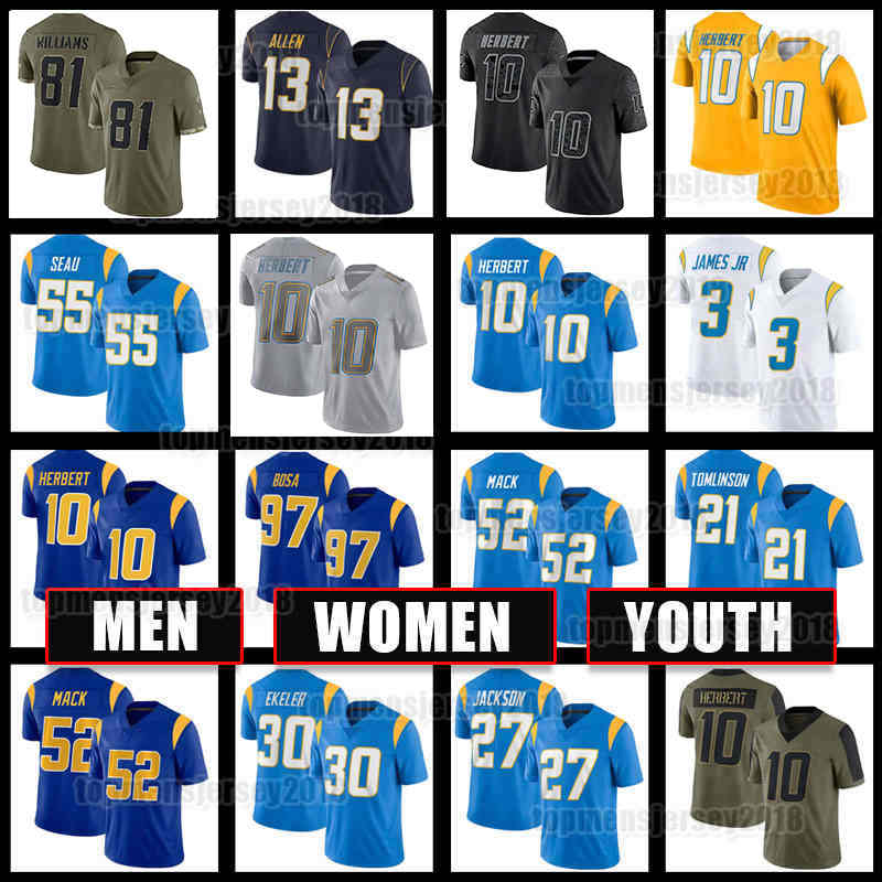 

10 Justin Herbert Jersey 3 Derwin James Jr 52 Khalil Mack Football Austin Ekeler 97 Joey Bosa JC Jackson Mike Williams Asante Samuel Los Angeles Chargers Junior Seau, Youth jersey(sd)