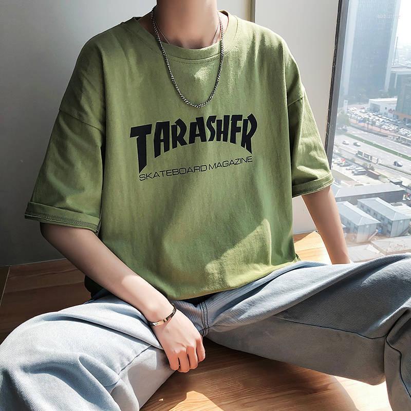 

Men's T Shirts Summer Loose Men's T-shirt Korean Hip Hop Short-sleeved Teen Students Five-point Sleeve Boys Trend Green Harajuku Shirt, Men-t-9
