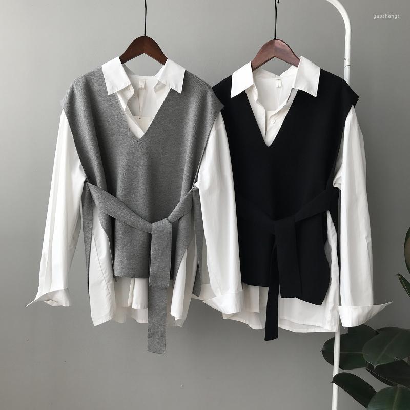 

Women's Vests Spring V-neck Knitted Simple Gray Vest With Sashes Women's Lace Up Sleeve Less Fashion Loose Sweater Black Modal P373, Chocolate