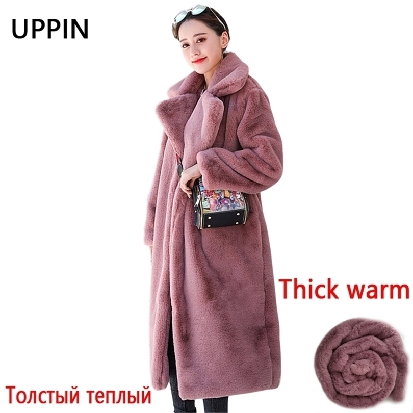 

Womens Fur Faux Winter Women High Quality Rabbit Coat Luxury Long Loose Lapel Over Thick Warm Plus Size Female Plush s 220930, Watermelon red