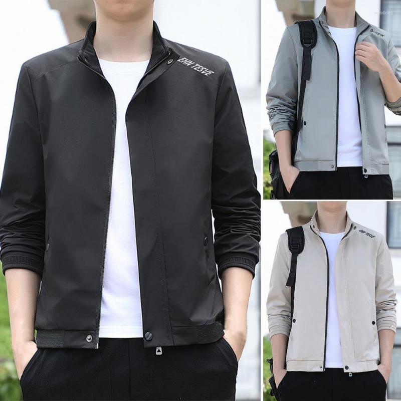

Men's Vests Men Jacket Exquisite Letter Print Long Sleeve Stand Collar Solid Color Pockets Zipper Spring Autumn Coat Outerwear, Black