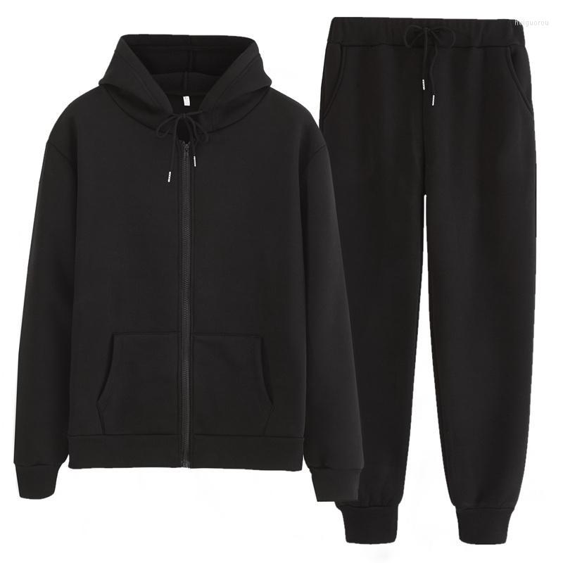 

Men' Tracksuits Men' Men Tracksuit Hoodie Set 2 Pieces Autumn Winter Hooded Sweatshirt And Pants Solid Color Zipper Outfit Sportswear, Black 1