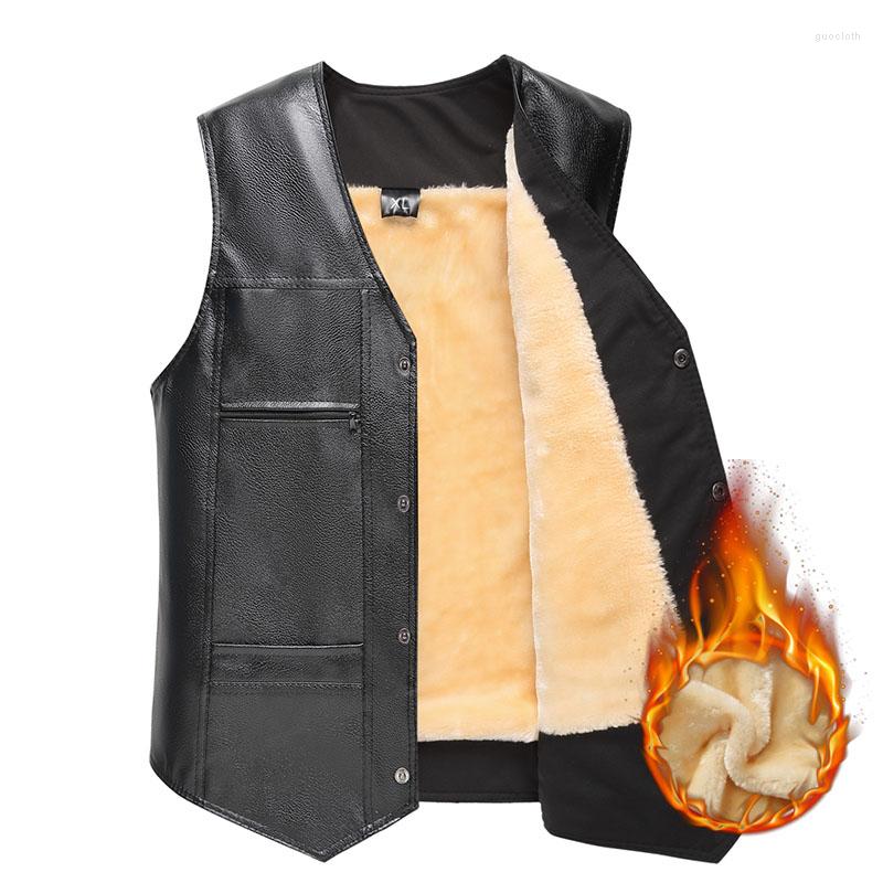 

Men's Vests Winter Men Faux Leather Vest Velvet Thick Warm Sleeveless Waistcoat Male Black PU Coat Casual Fashion -4XL Father Gift