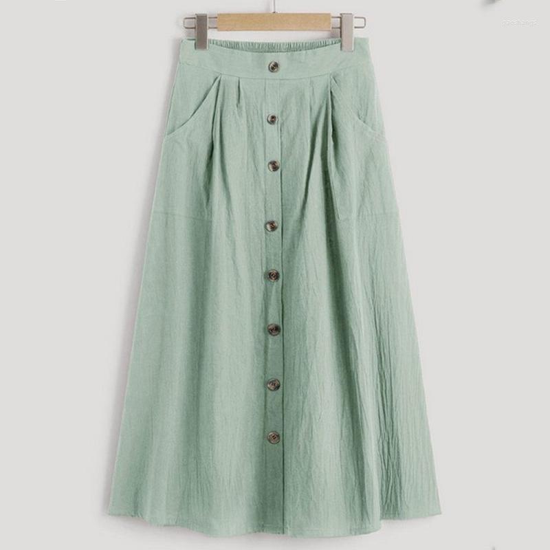 

Skirts Spring High Waist Ladies Casual 2022 Skirt With Buttons Bodycon Loose A-Line Empire Pocket Women Solid Mid Calf, Light blue