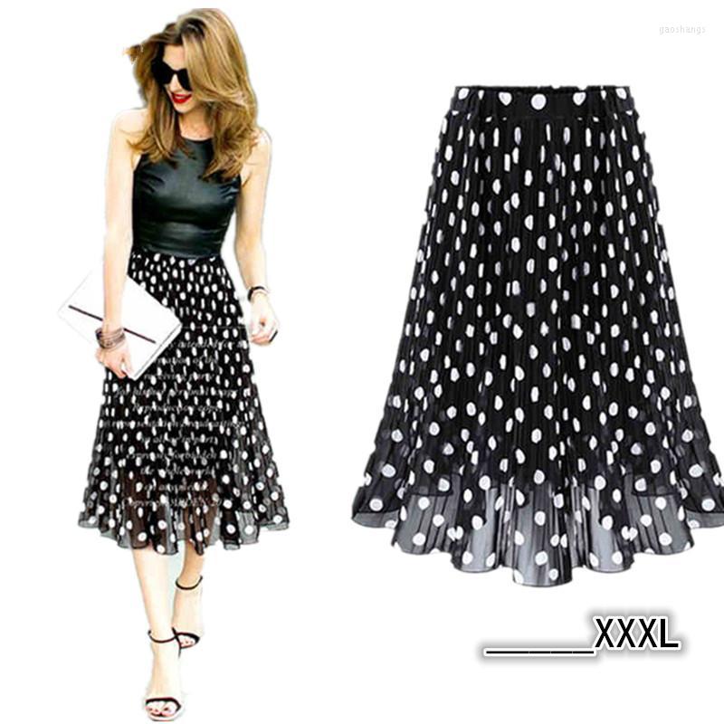 

Skirts Fashion 2022 Summer Chiffon Polka Dot Skirt Female Black Dots In The Long Waisted Pleated Beach Jurken Zomer Dames