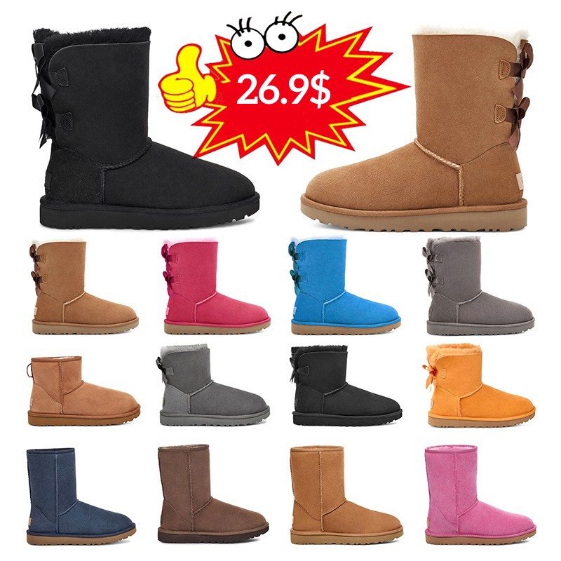 

2023 designer boots women winter booties girl classic snow boot plush ankle short bow mini fur black chestnut pink Bowtie womens shoes size 5-10, 44