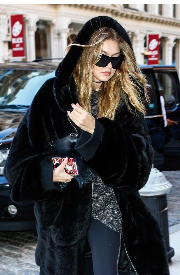 

Women' Fur Women' & Faux 2022 Winter Women High Quality Coat Luxury Long Loose Lapel OverCoat Thick Warm Plus Size Female Plush, Black