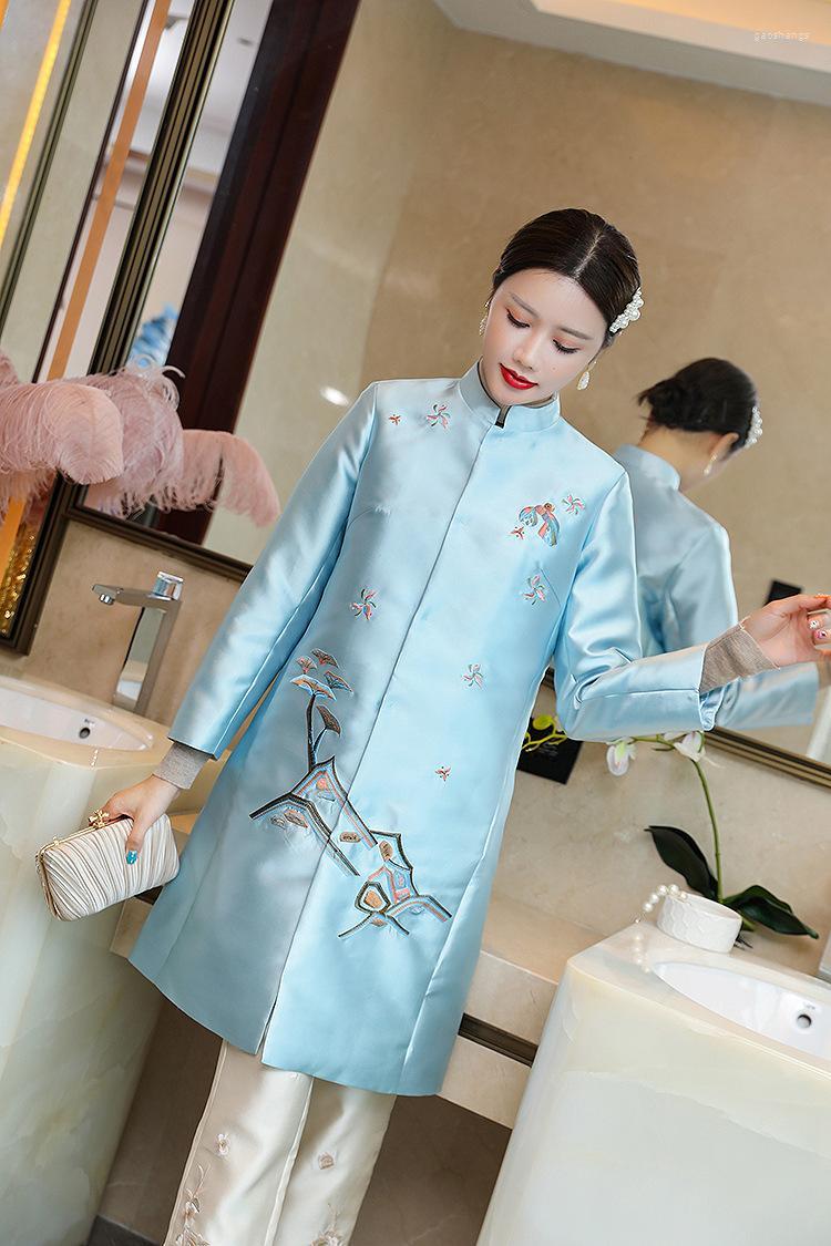 

Women's Trench Coats High Quality Brand Coat Outerwear 2022 Autumn Women Exquisite Embroidery Covered Button Long Sleeve Blue Pink XXL