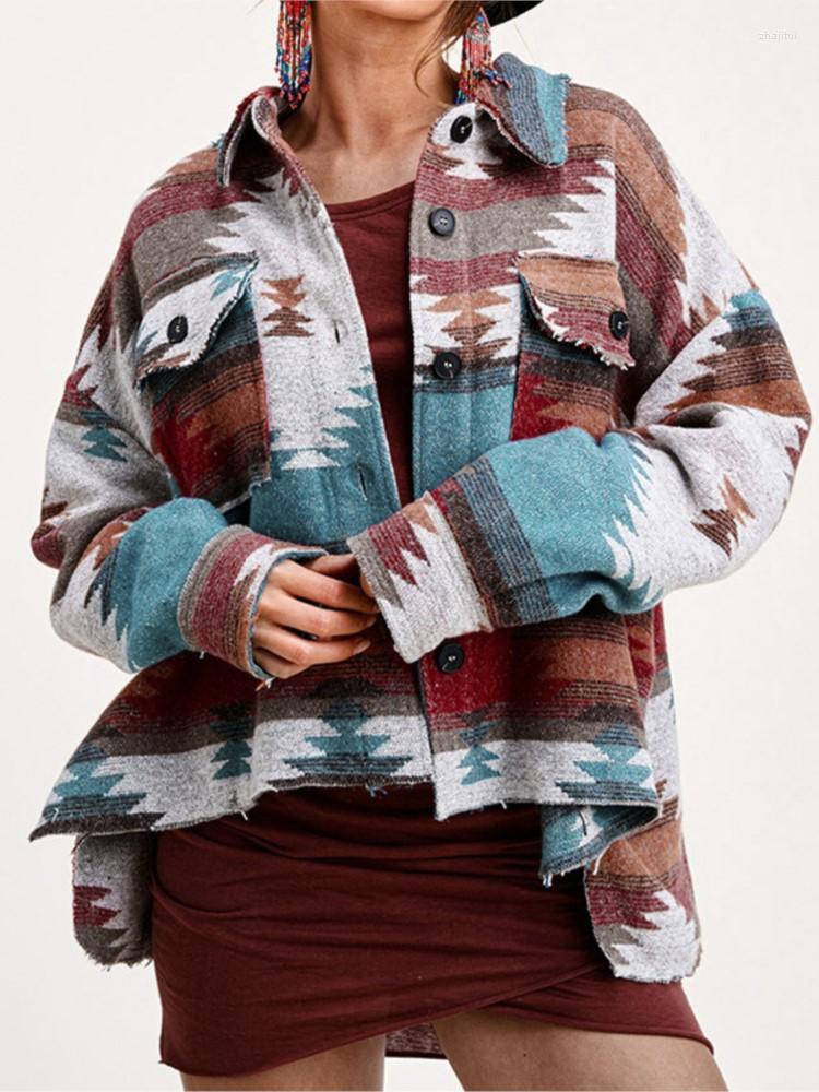 

Women' Jackets Women' Autumn Winter Fashion Coat Vintage Retro Ethnic Geometric Print Long-sleeved Cardigan Woolen Women, Gray