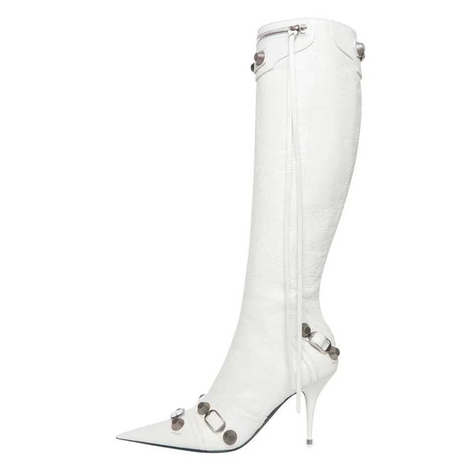 

Boots Leather Boots Shoes Cagole Lambskin Stud Buckle Embellished Side Zip Pointed Toe Stiletto, As pic