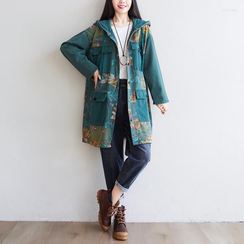 

Women's Trench Coats Female Autumn And Winter Artistic Printing Plus Size Washed Multi-pocket Hooded Outerwear Slim Loose Women's, Black