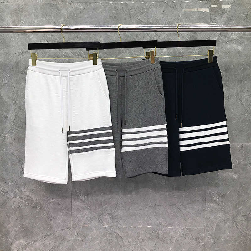 

New Tb Thom Shorts Summer Male Fashion Brand Cotton Waffle 4-bar Stripe Casual Sports Trousers Jogger Track Shortpants, Navy blue