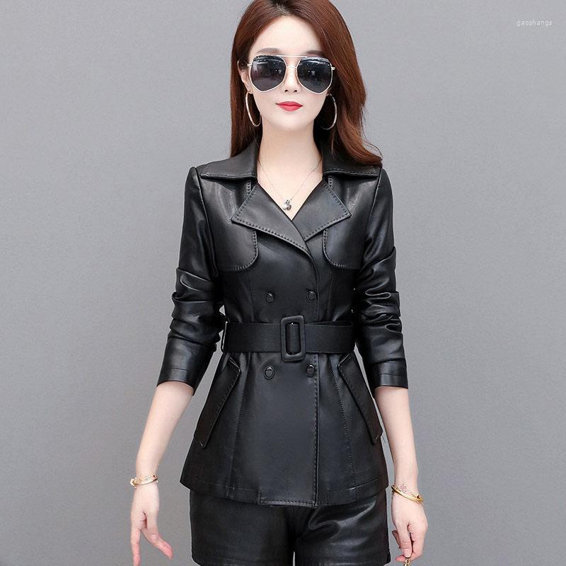 

Women's Leather Plus Size Jacket Women's Short Windbreaker Slim Fit Suit Collar Office Outerwear With Belt Spring And Autumn Coat Y070, Black