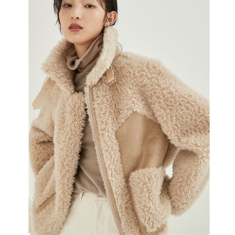 

Womens Fur Faux Sheep Sheared Coat Autumn And Winter Short Small Stand Collar Lamb Wool Granular Thick Loose Tops 220930, 2102 white